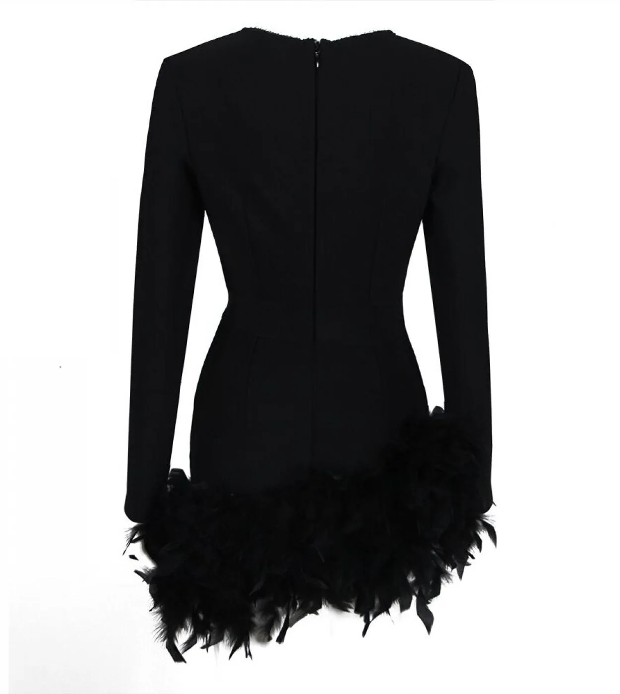 Sexy Celebrity Evening Dress with V-Neck and Long Sleeves in Bandage Style and Feathers.