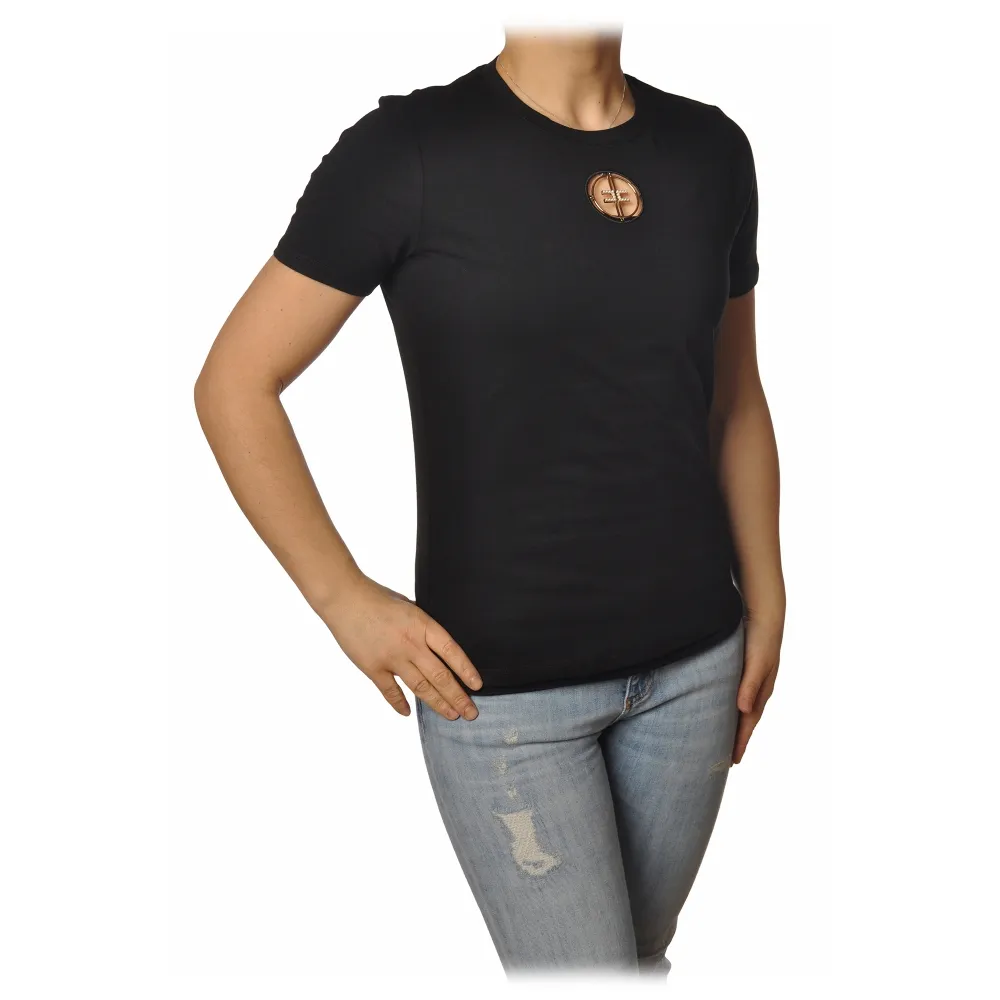 Elisabetta Franchi - T-Shirt Logo Metallico Traforato - Nero - T-Shirt - Made in Italy - Luxury Exclusive Collection