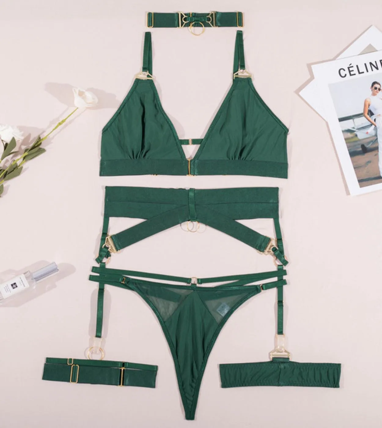 4-Piece Sheer Lingerie Set with Garter Belt