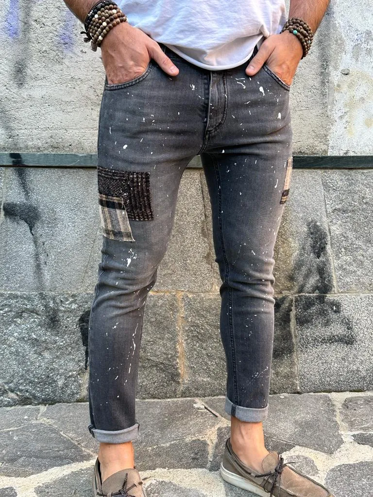 Black Jeans V2 with Subtle Distressed Details and Checkered Patches