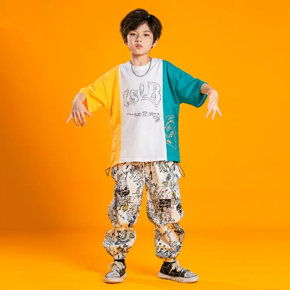 New Hiphop Boys' Hip-Hop Performance Clothing Short-Sleeved Loose Kids Hiphop Clothes