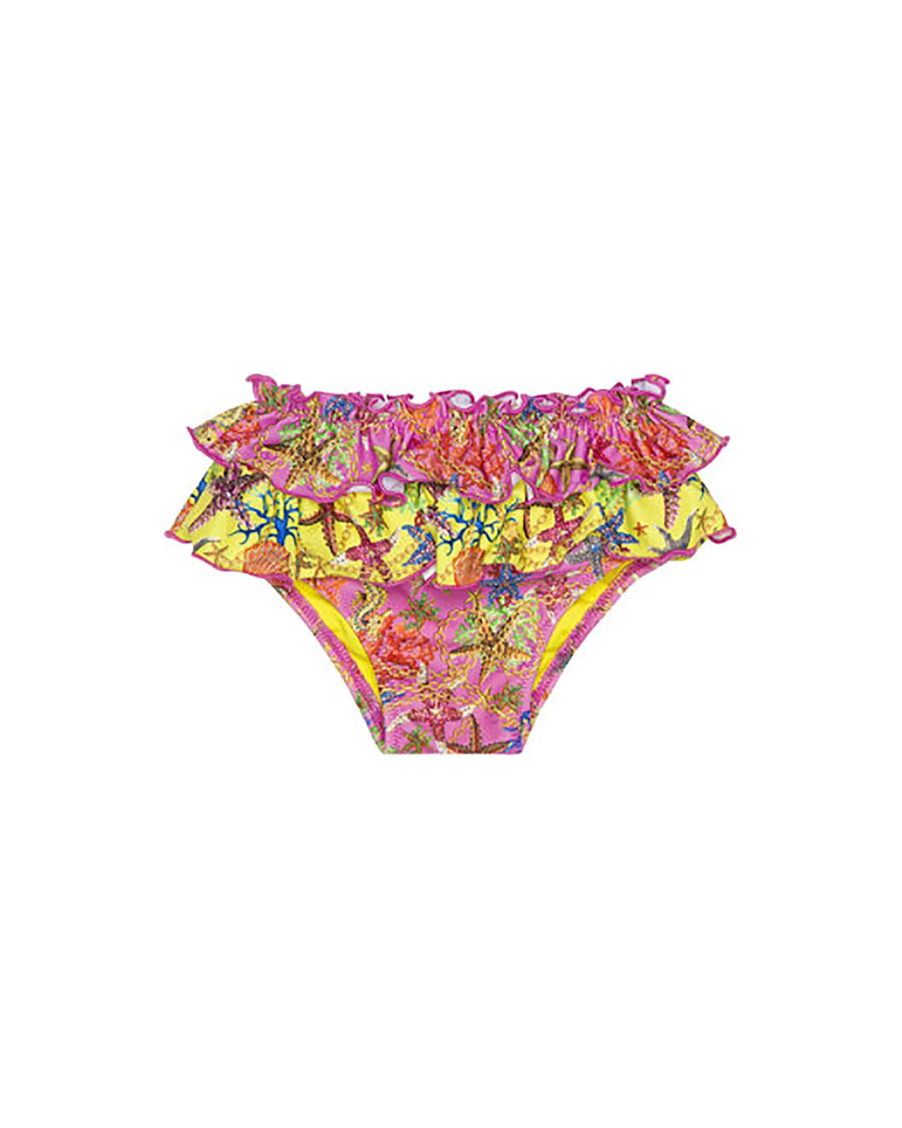 Fuchsia and Yellow Starfish Print Bikini Bottoms with Double Ruffles 12-24 Months