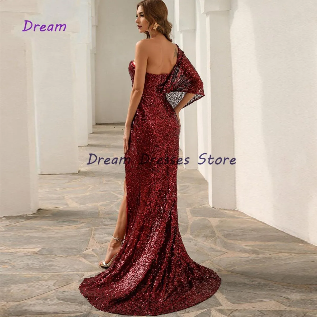 Dream of High Slit Burgundy Sequined Evening Gowns - Sleeveless Sheath Short Trains Promenade Dress 2023 New Est