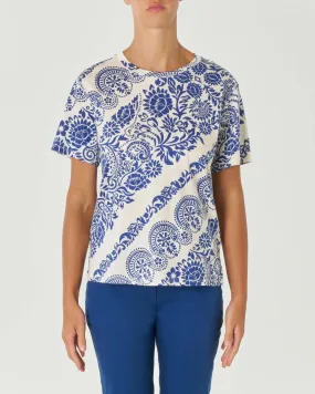 White T-shirt with blue China batik motif in pure cotton with straight line