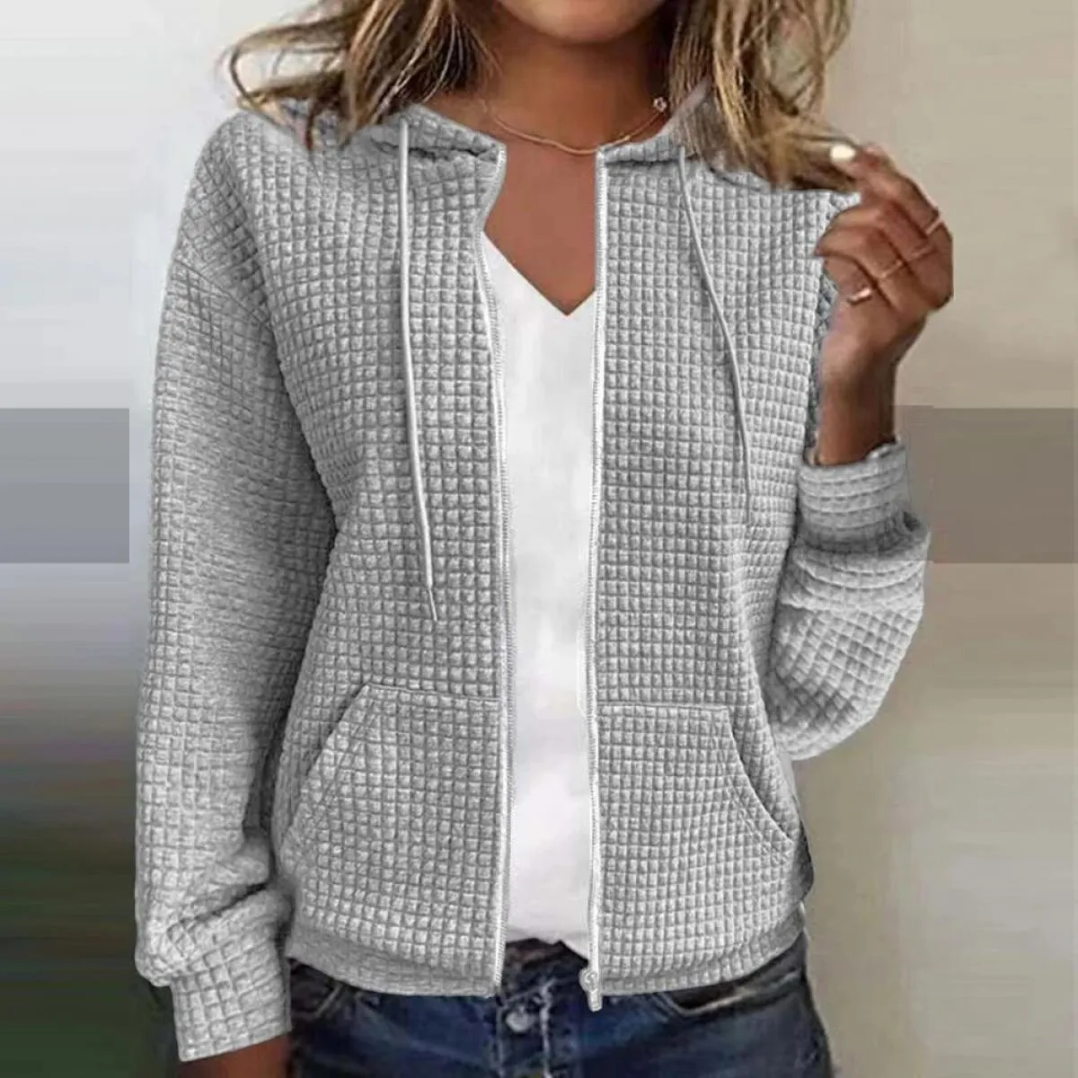 Solid Color Long Sleeve Hooded Waffle Women's Top High-Quality Women's Clothing