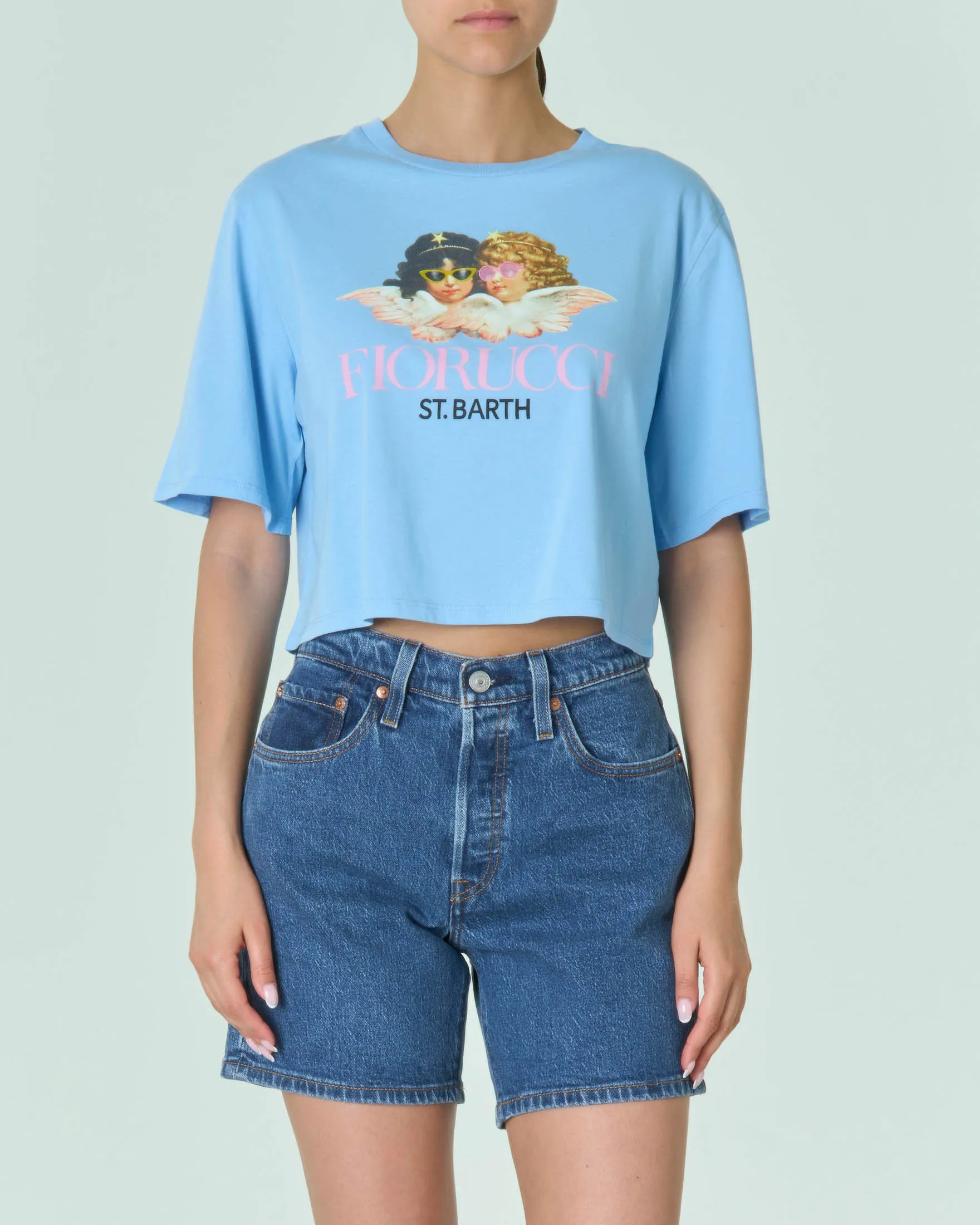 Cropped Light Blue Cotton T-Shirt with Angels Fiorucci Print