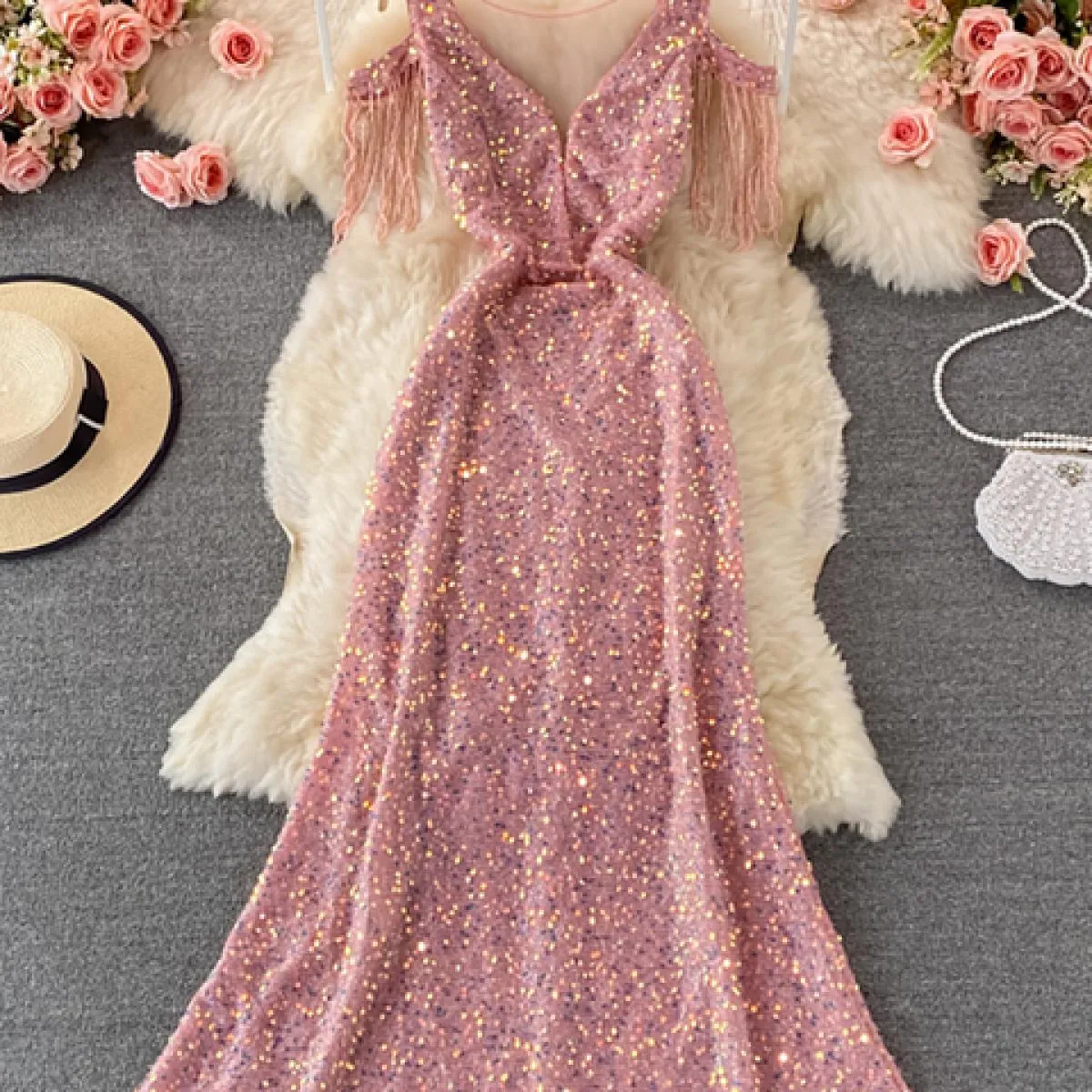 Womens Red/Pink/White Sequin Party Maxi Dress High-Waisted Short Sleeve V-Neck Long Tassel Feminine Dress